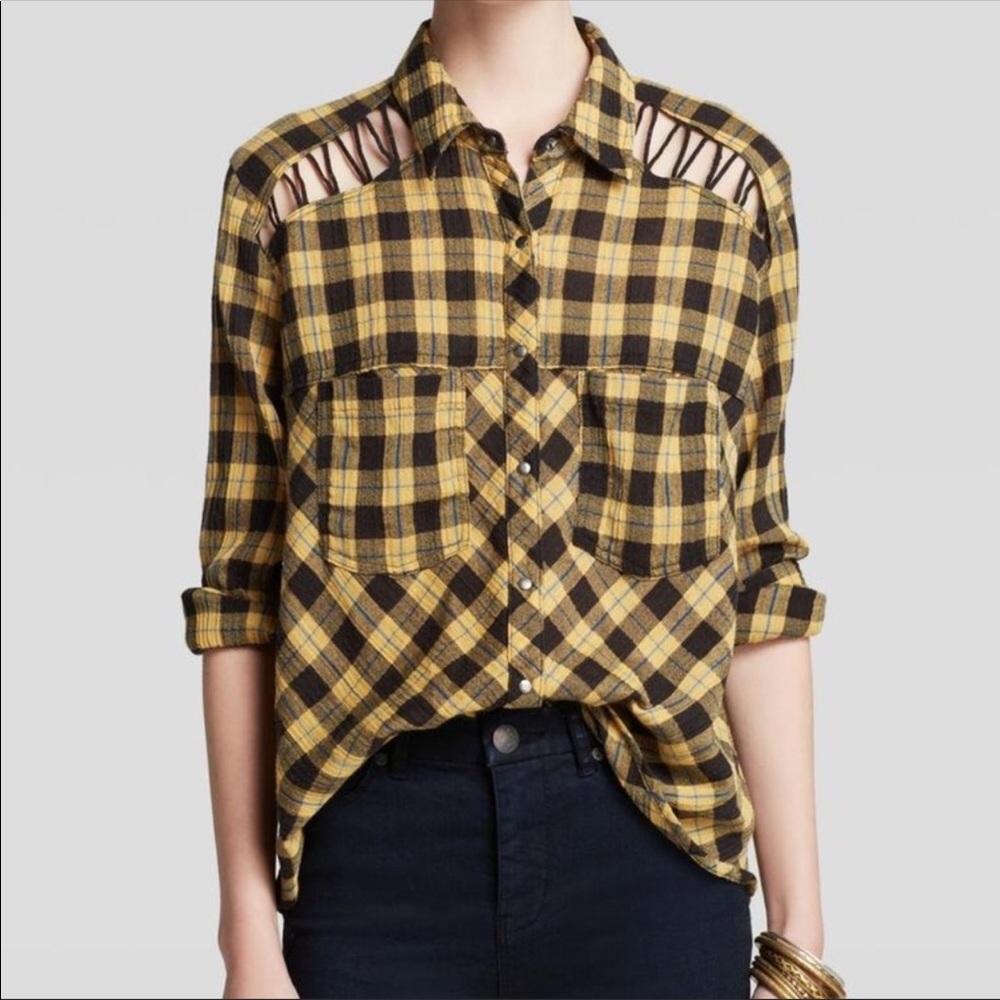 Free People Plaid Button Down Yellow Black Small